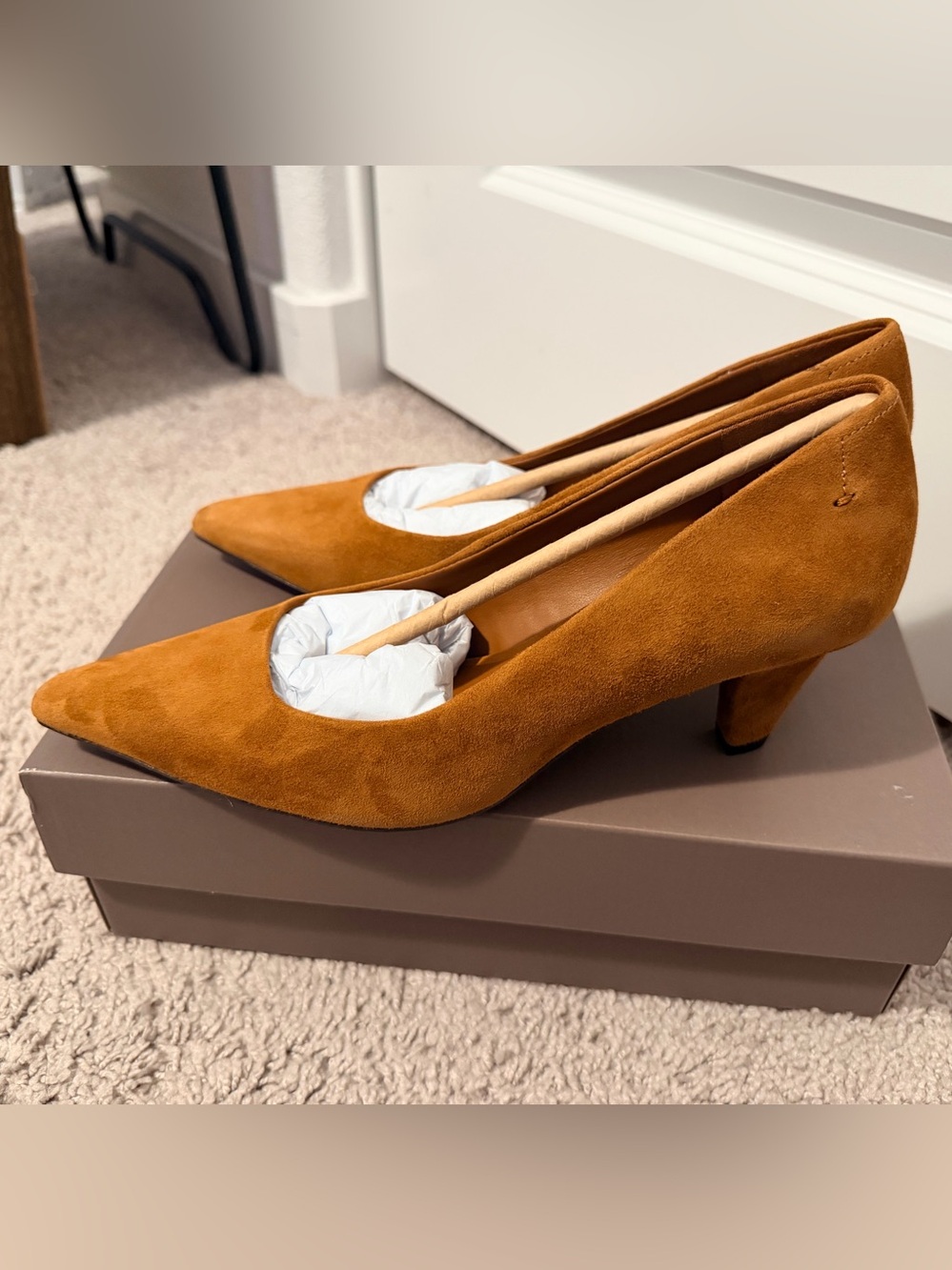 Franco Sarto Suede Pointed Mid Heel Pumps - Camel Brown
